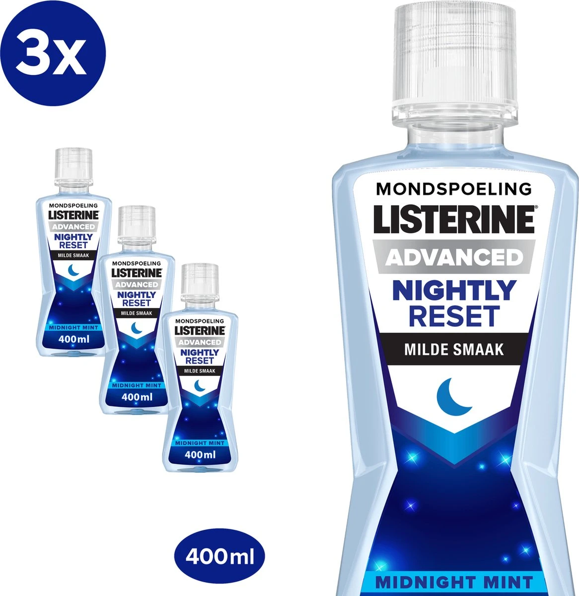 LISTERINE Nightly Reset Milde Smaak, Mondspoeling Met RAPID-FUSHION -technologie Voor Gebruik Tijdens De Nacht, Hermineraliseert Het Tandglazuur, 3 X 400 Ml 1 LISTERINE Nightly Reset Milde Smaak, Mondspoeling Met RAPID-FUSHION -technologie Voor Gebruik Tijdens De Nacht, Hermineraliseert Het Tandglazuur, 3 X 400 Ml