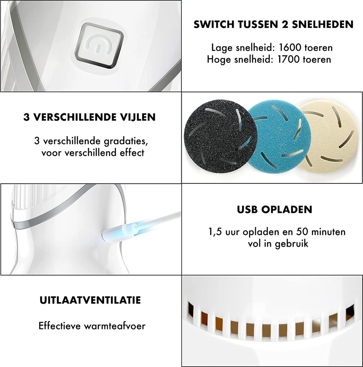 DynaBright Elektrische Eeltverwijderaar Met Stofzuigsysteem - Inc. 3 Vlijlschijven - 2 Standen - Voetvijl - Eeltvijl - Eelt Verwijderaar -USB Oplaadbaar - Geïntegreerde Zuigfunctie 7 DynaBright Elektrische Eeltverwijderaar Met Stofzuigsysteem - Inc. 3 Vlijlschijven - 2 Standen - Voetvijl - Eeltvijl - Eelt Verwijderaar -USB Oplaadbaar - Geïntegreerde Zuigfunctie - Afbeelding 7