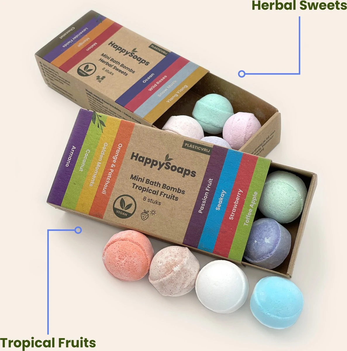 HappySoaps Mini Bath Bombs - Tropical Fruits - 8 Bruisballen In Verschillende Tropische Geuren - 100% Plasticvrij, Vegan & Natuurlijk 3 HappySoaps Mini Bath Bombs - Tropical Fruits - 8 Bruisballen In Verschillende Tropische Geuren - 100% Plasticvrij, Vegan & Natuurlijk - Afbeelding 3
