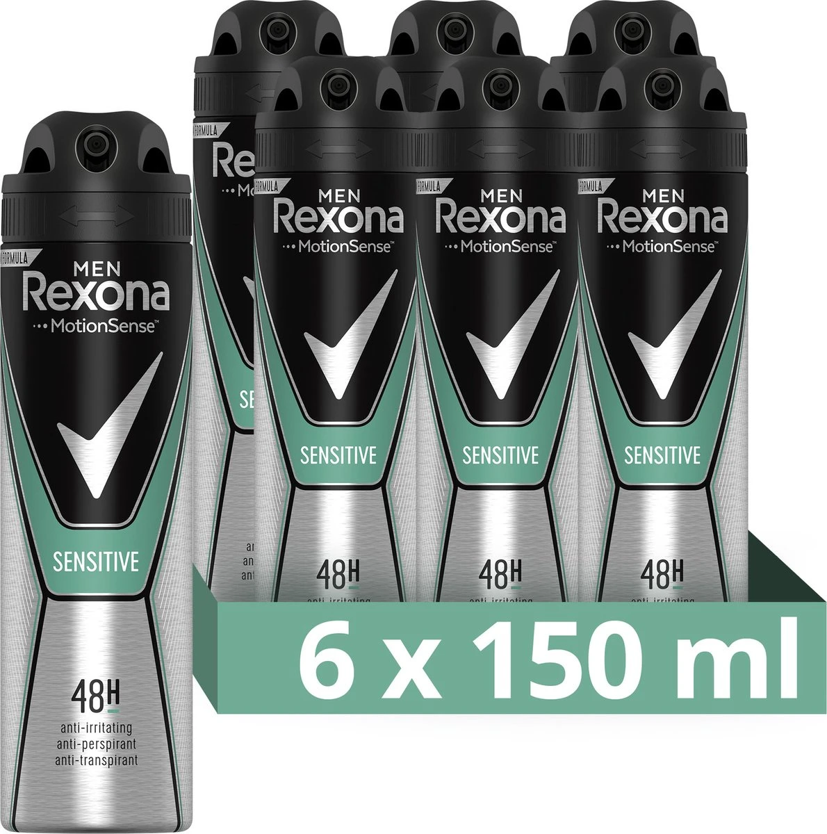Rexona Men Sensitive Anti-transpirant Spray - 6 X 150 Ml - Voordeelverpakking 1 Rexona Men Sensitive Anti-transpirant Spray - 6 X 150 Ml - Voordeelverpakking