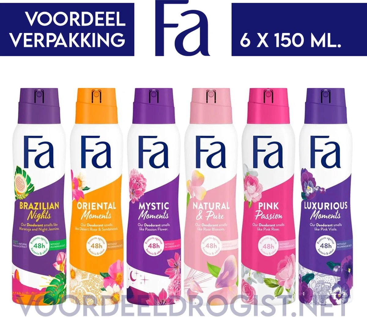 Fa Deodorant 6 X 150 Ml - Voordeelverpakking - Try Out Pakket - Mystic, Oriental, Pink, Luxurious, Natural & Brazilian 1 Fa Deodorant 6 X 150 Ml - Voordeelverpakking - Try Out Pakket - Mystic, Oriental, Pink, Luxurious, Natural & Brazilian