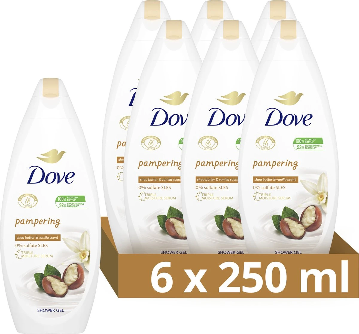 Dove Pampering Sheabutter & Vanille Douchegel - 6 X 250 Ml - Voordeelverpakking 1 Dove Pampering Sheabutter & Vanille Douchegel - 6 X 250 Ml - Voordeelverpakking