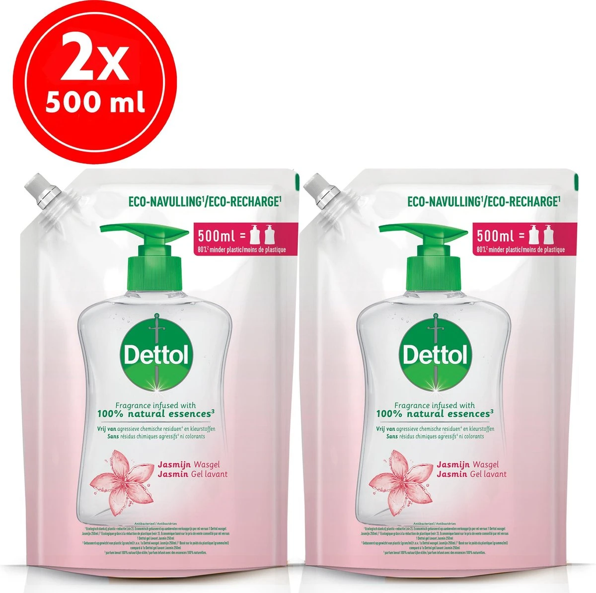 Dettol - Handzeep Navulling - Antibacterieel - Jasmijn - 100% Natuurlijke Oliën - 2 X 500ml 1 Dettol - Handzeep Navulling - Antibacterieel - Jasmijn - 100% Natuurlijke Oliën - 2 X 500ml