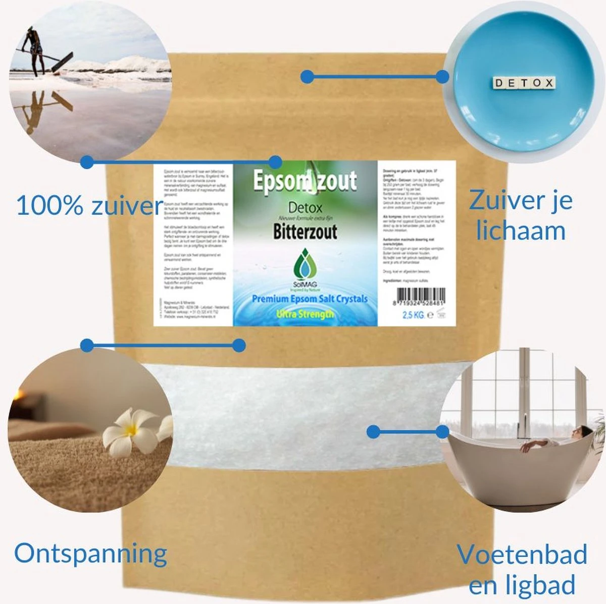 Epsom Zout-Bitterzout -Magnesiumsulfaat - Badzout - 2,5 Kg 3 Epsom Zout-Bitterzout -Magnesiumsulfaat - Badzout - 2,5 Kg - Afbeelding 3