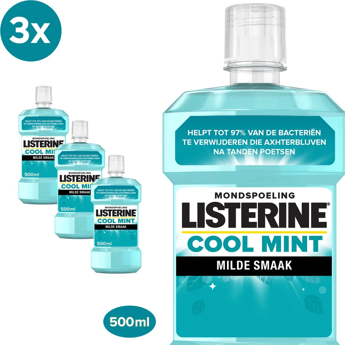 LISTERINE Cool Mint Milde Smaak, Mondspoeling Zonder Alcohol Met Etherische Oliën, Helpt Bacteriën Te Verwijderen En Zorgt Voor Een Langdurig Frisse Adem, 3 X 500 Ml 1 LISTERINE Cool Mint Milde Smaak, Mondspoeling Zonder Alcohol Met Etherische Oliën, Helpt Bacteriën Te Verwijderen En Zorgt Voor Een Langdurig Frisse Adem, 3 X 500 Ml