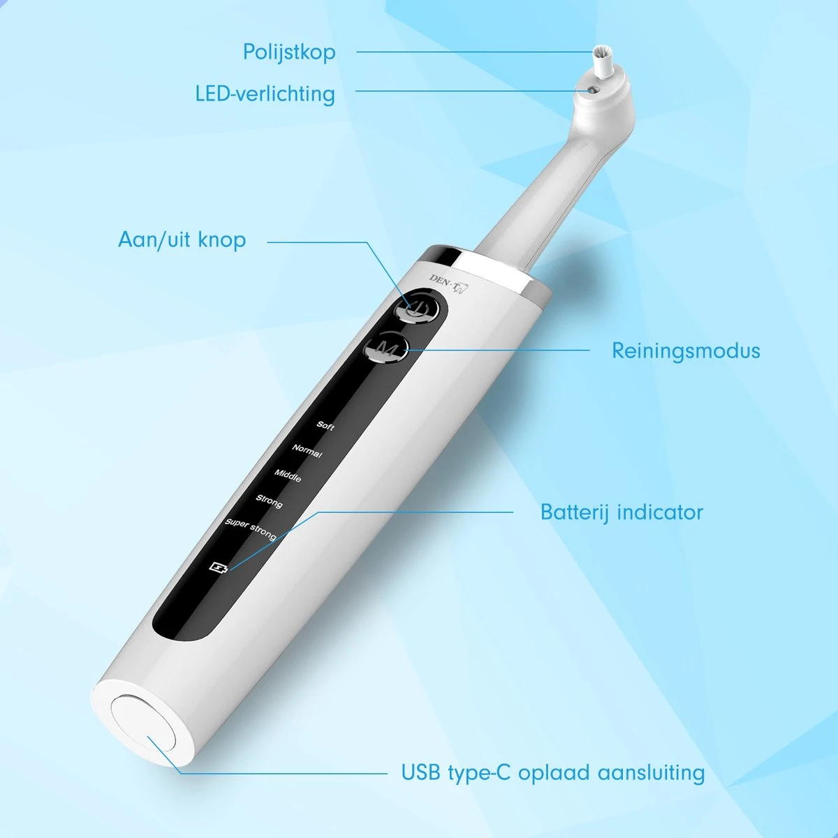 DEN-T® PRO P350 Elektrische Tandenpolijster - Wit - 5 Standen - 5 Opzetstukken - Polijstmachine - Polijstset - Tanden Polijsten - 8 DEN-T® PRO P350 Elektrische Tandenpolijster - Wit - 5 Standen - 5 Opzetstukken - Polijstmachine - Polijstset - Tanden Polijsten - - Afbeelding 8