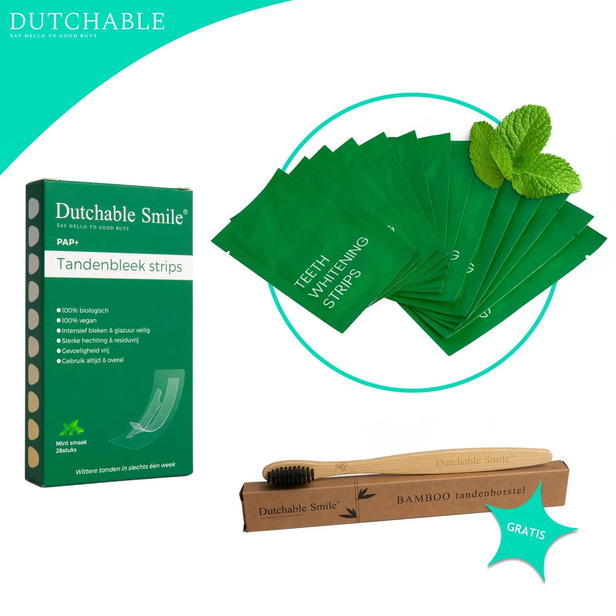 Dutchable Whitening Strips - Teeth Whitening Strips - Tandenbleek Strips - Met GRATIS Bamboe Tandenborstel - 100% Biologisch - Vegan - PAP+ 1 Dutchable Whitening Strips - Teeth Whitening Strips - Tandenbleek Strips - Met GRATIS Bamboe Tandenborstel - 100% Biologisch - Vegan - PAP+