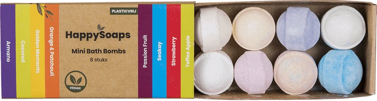 HappySoaps Mini Bath Bombs - Tropical Fruits - 8 Bruisballen In Verschillende Tropische Geuren - 100% Plasticvrij, Vegan & Natuurlijk 1 HappySoaps Mini Bath Bombs - Tropical Fruits - 8 Bruisballen In Verschillende Tropische Geuren - 100% Plasticvrij, Vegan & Natuurlijk