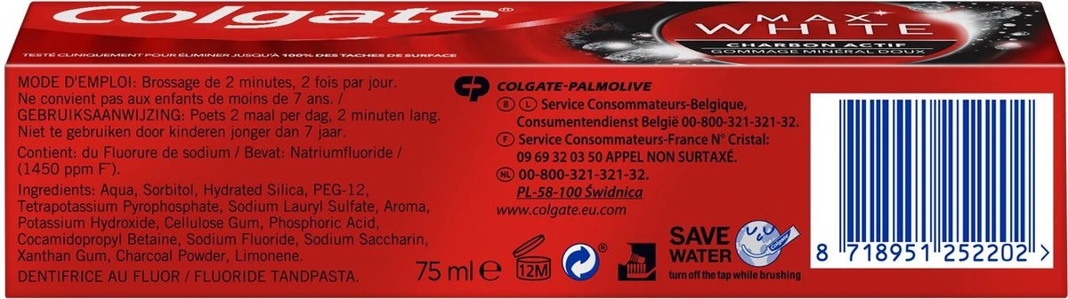 Colgate® Colgate Max White Charcoal Whitening Tandpasta - 4 X 75 Ml - Voordeelverpakking 7 Colgate® Colgate Max White Charcoal Whitening Tandpasta - 4 X 75 Ml - Voordeelverpakking - Afbeelding 7