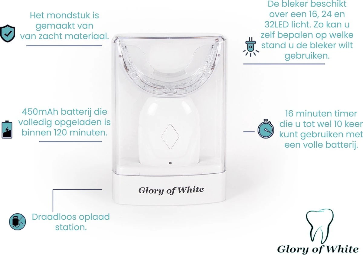 Tandenbleker Premium - Glory Of White - Professionele Tandenbleekset - Wittere Tanden - Tanden Bleken - Teeth Whitening - Zonder Peroxide 5 Tandenbleker Premium - Glory Of White - Professionele Tandenbleekset - Wittere Tanden - Tanden Bleken - Teeth Whitening - Zonder Peroxide - Afbeelding 5