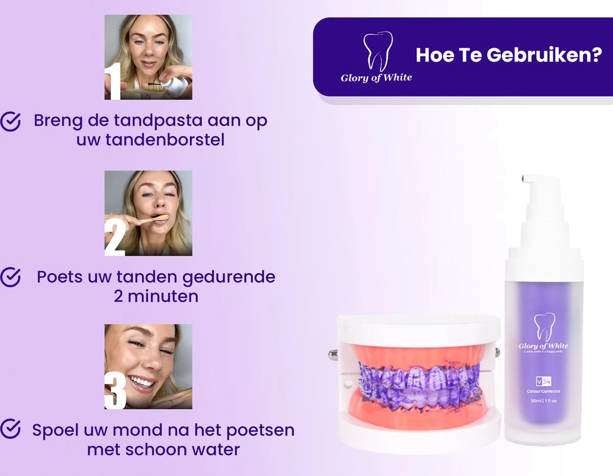 Glory Of White V34 Serum - Kleurcorrector - Witte Tanden - Tandpasta - Tanden Reinigen - Teeth Whitening - 30ML 4 Glory Of White V34 Serum - Kleurcorrector - Witte Tanden - Tandpasta - Tanden Reinigen - Teeth Whitening - 30ML - Afbeelding 4