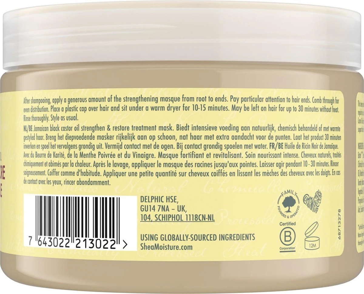 Shea Moisture Jamaican Black Castor Oil - Haarmasker Treatement Strenghten & Restore - 355 Ml 2 Shea Moisture Jamaican Black Castor Oil - Haarmasker Treatement Strenghten & Restore - 355 Ml - Afbeelding 2