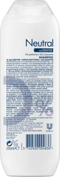 Neutral 0% Parfumvrij Shampoo - 6 X 250 Ml - Voordeelverpakking -Verzorgingsproducten 410x1200 6