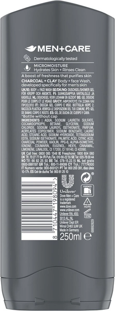 Dove Men+Care Douchegel Man Charcoal & Clay - 6 X 250 Ml - Voordeelverpakking 5 Dove Men+Care Douchegel Man Charcoal & Clay - 6 X 250 Ml - Voordeelverpakking - Afbeelding 5